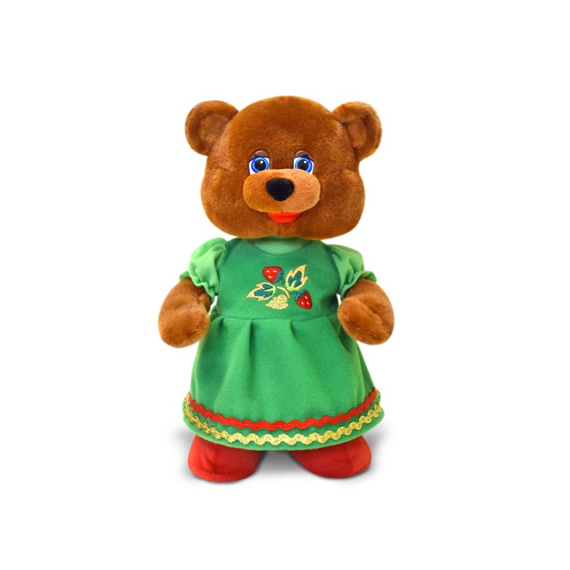 Пляшущая игрушка. Мягкая игрушка Lava Медведица в зелёном платье Танцующая 32 см. Игрушка поющая Медведица.
